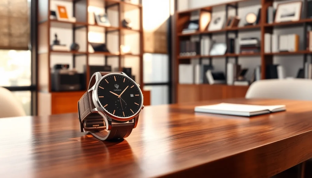 Experience the elegance of the Finesse Smart Watch, featuring a sleek design in a sophisticated office.