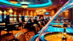 Pengalaman kasino online MABAR88 dengan pemain di mesin slot dan meja poker, menampilkan kegembiraan dan profesionalisme.