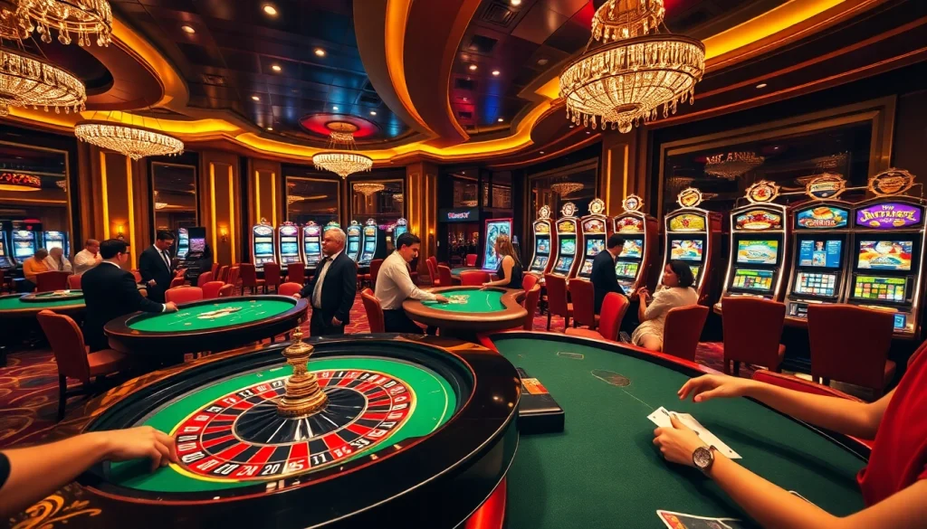 Vivez des moments palpitants dans un casino en ligne avec des joueurs pariant à des tables et sur des machines à sous.