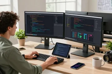 Smart workspace showcasing 截图工具下载 features with dual monitors and natural lighting.