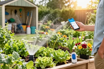Homeowner using RainPoint smart sprinkler controller in a vibrant garden, setting up automated watering for plants.