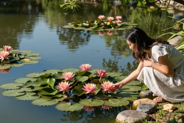 Buy Water Lilies with vibrant blooms enhancing a serene garden pond scene