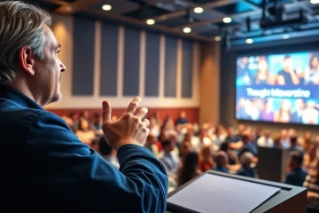 Keynote Speaker captivating an audience with inspiring presentation in a vibrant setting.